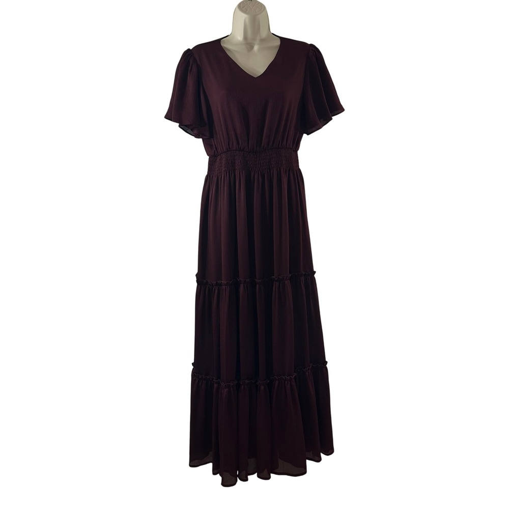 Mikarose Burgundy Wine Flutter Sleeve Smocked Waist Tiered Modest Maxi Dress S